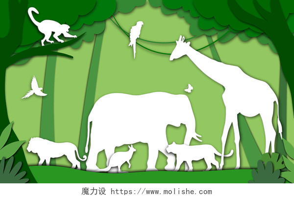 手绘卡通扁平剪纸风世界动物保护日绿色森林插画世界动物日